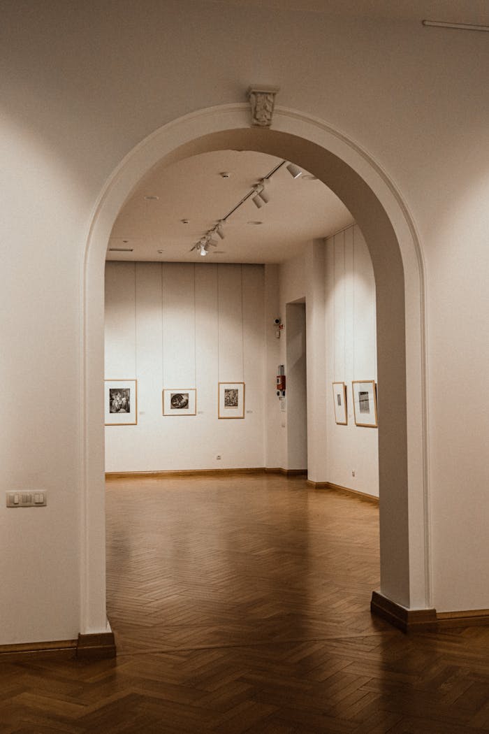 Minimalist art gallery interior with elegant arched doorway, showcasing framed artwork.